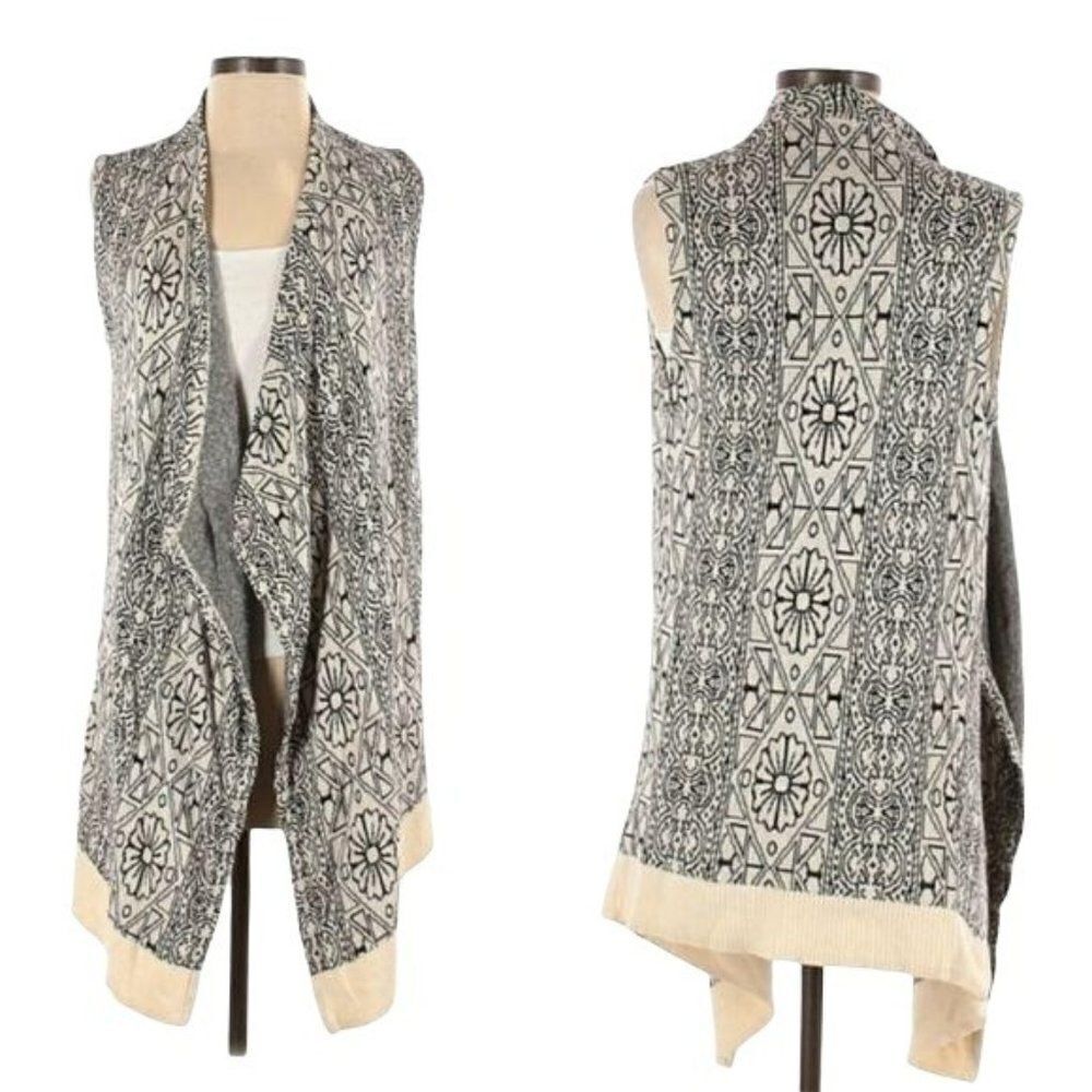 Ecote Medallion Aztec Sleeveless Waterfall Cardigan Vest Duster Cream Blk Sz XS‎